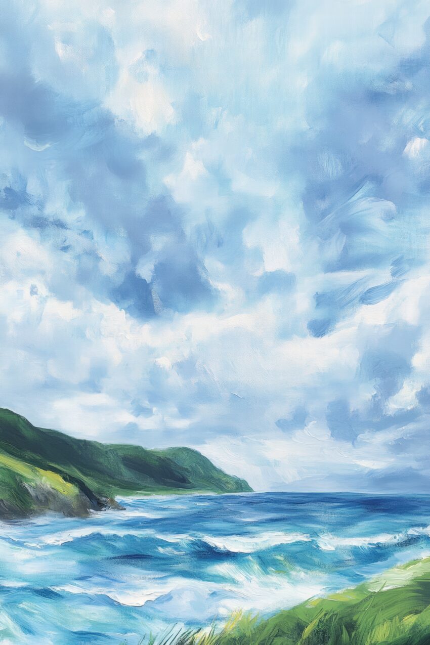 Poster mit einer Küstenlandschaft, grünem Land, blauen Wellen und bewölktem Himmel in einem malerischen realistischen Stil