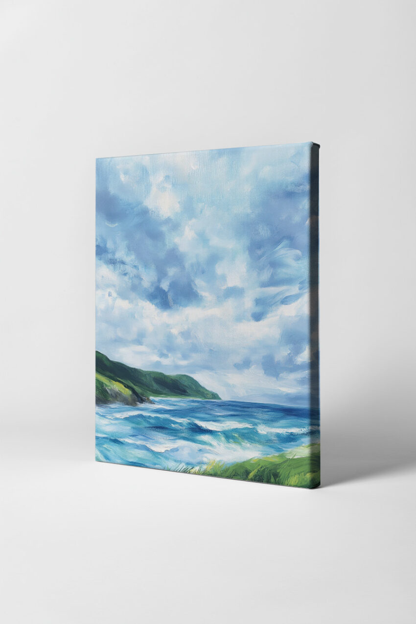 Poster mit einer Küstenlandschaft, grünem Land, blauen Wellen und bewölktem Himmel in einem malerischen realistischen Stil