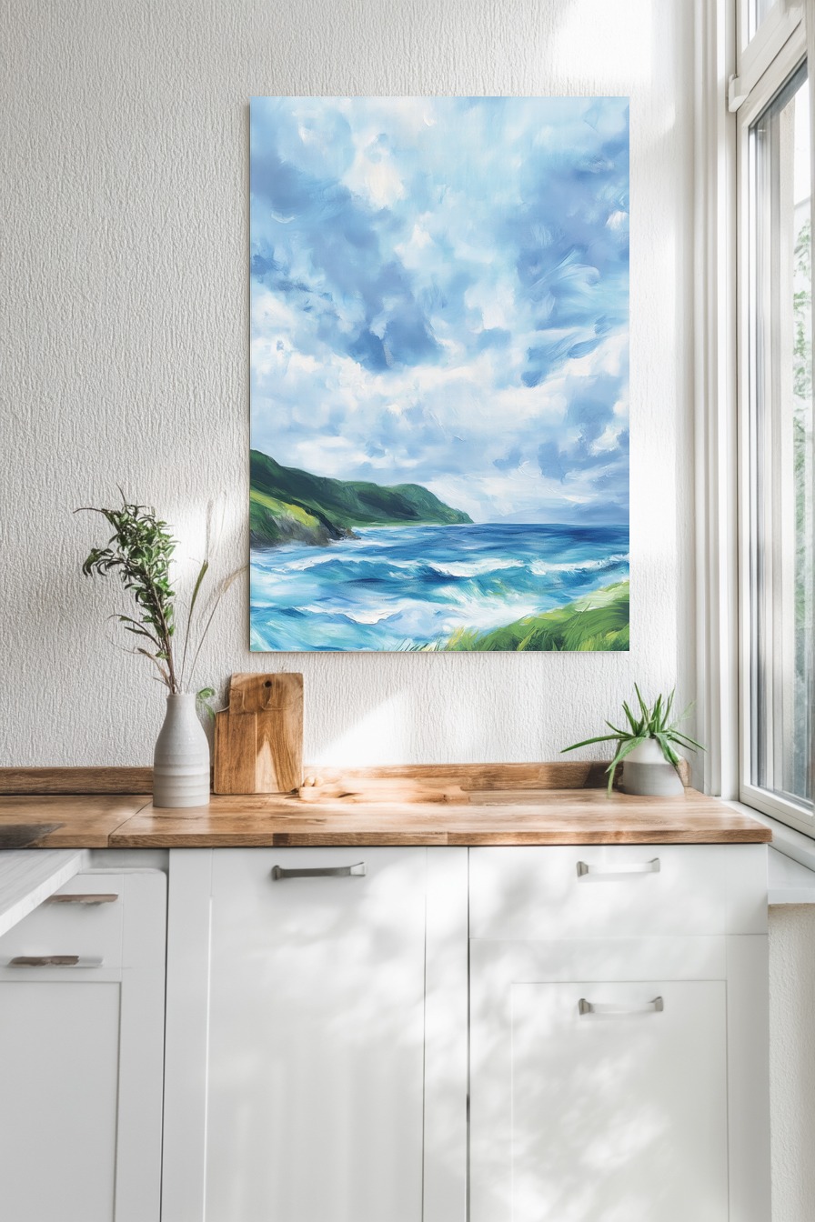 Poster mit einer Küstenlandschaft, grünem Land, blauen Wellen und bewölktem Himmel in einem malerischen realistischen Stil