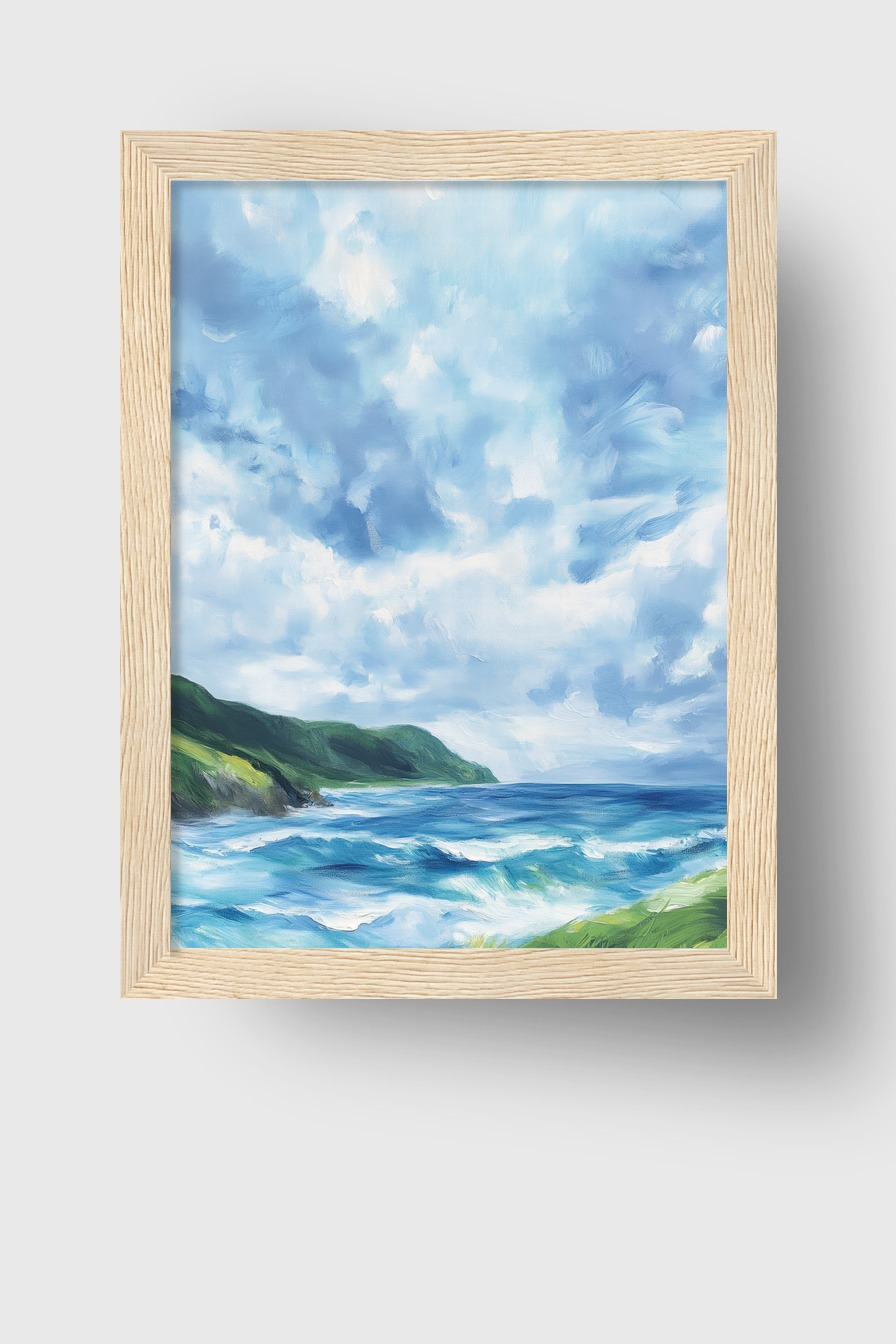 Poster mit einer Küstenlandschaft, grünem Land, blauen Wellen und bewölktem Himmel in einem malerischen realistischen Stil