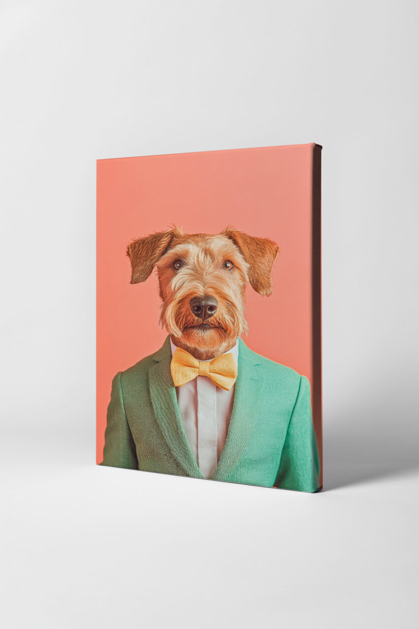 Poster mit Hund im Anzug und gelber Fliege vor rosafarbenem Hintergrund als elegantes Tierporträt