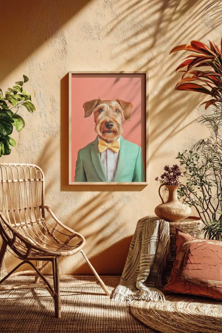 Poster mit Hund im Anzug und gelber Fliege vor rosafarbenem Hintergrund als elegantes Tierporträt