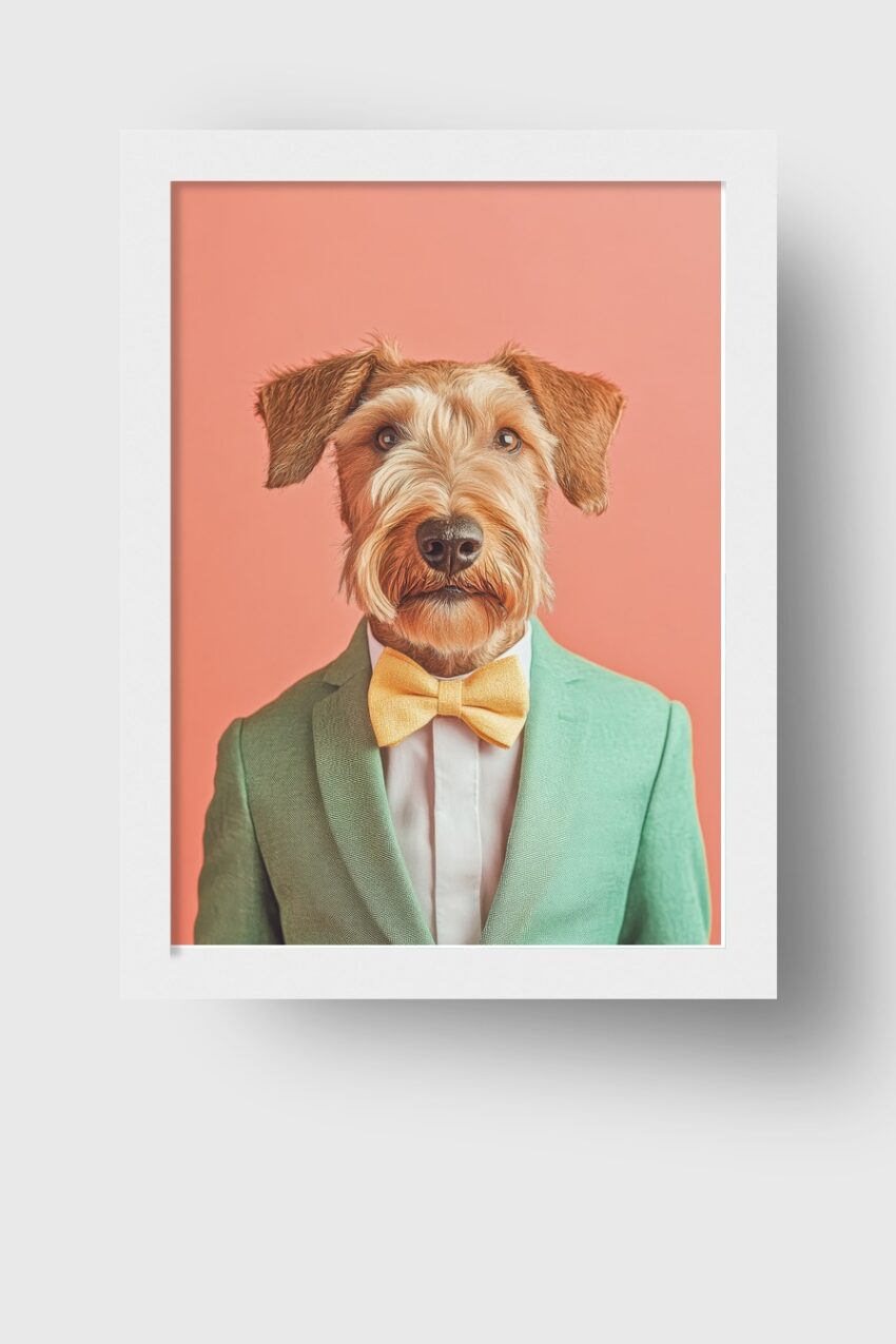 Poster mit Hund im Anzug und gelber Fliege vor rosafarbenem Hintergrund als elegantes Tierporträt