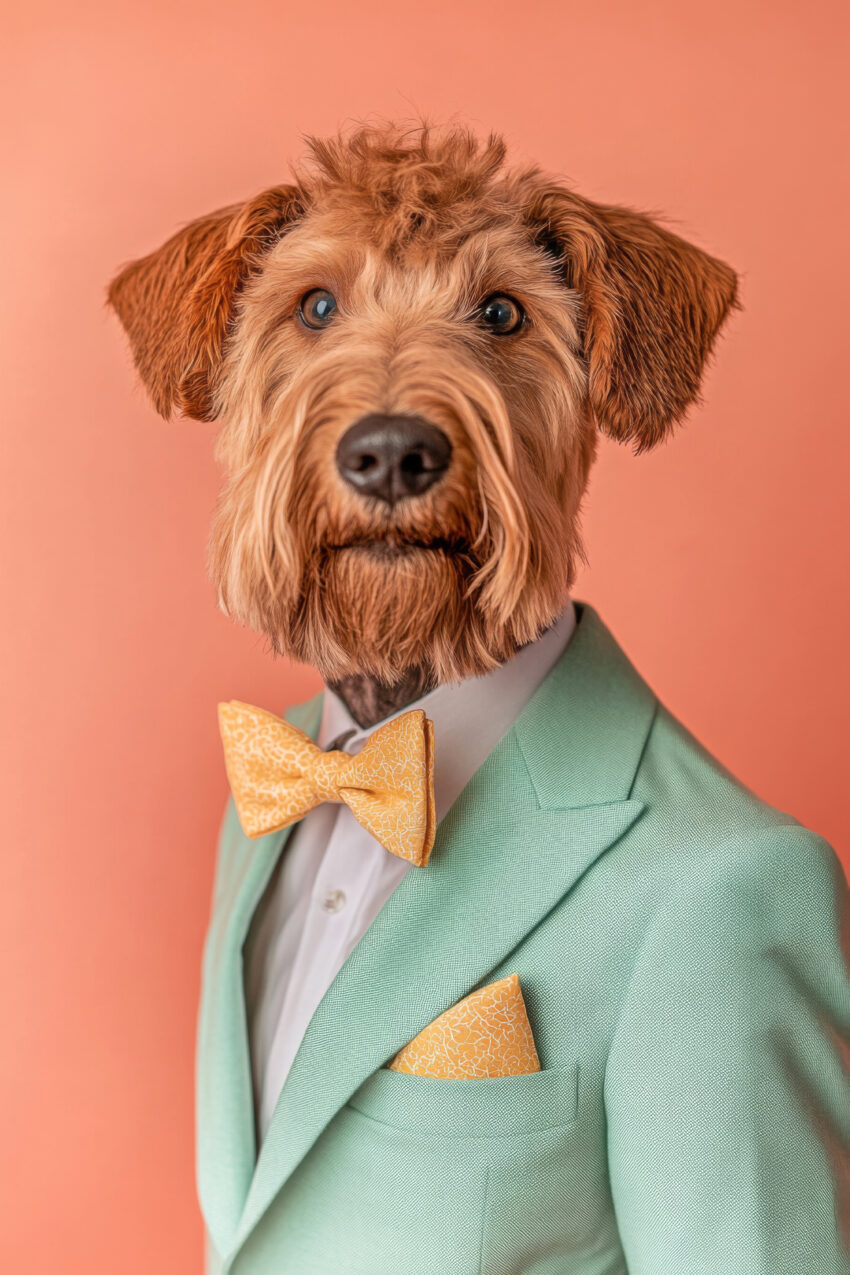 Poster mit Hund im grünen Anzug und gelber Fliege vor rotem Hintergrund in moderner Inszenierung