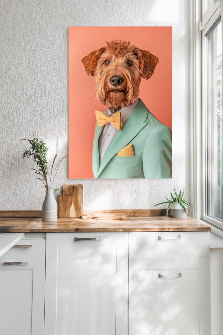 Poster mit Hund im grünen Anzug und gelber Fliege vor rotem Hintergrund in moderner Inszenierung