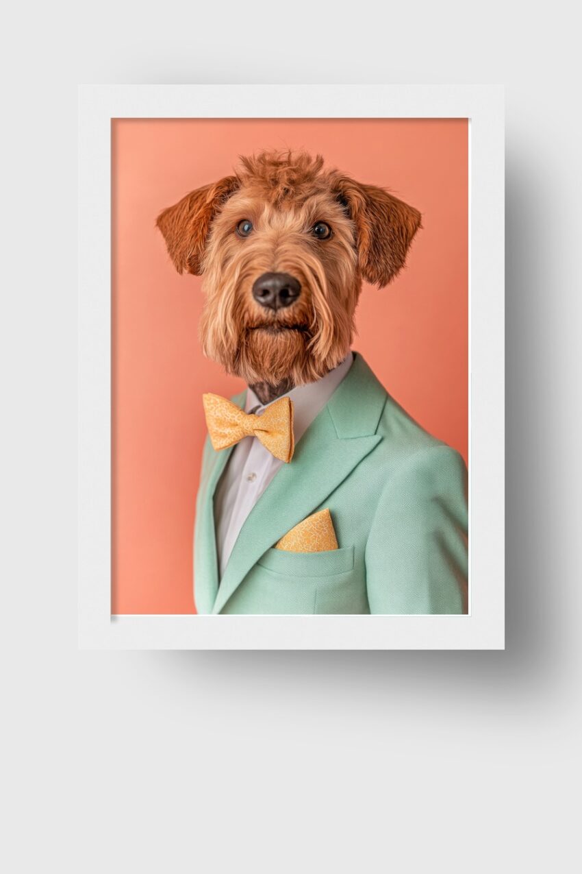 Poster mit Hund im grünen Anzug und gelber Fliege vor rotem Hintergrund in moderner Inszenierung