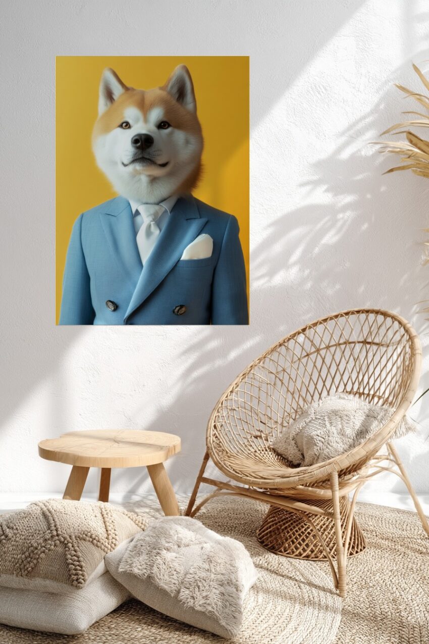 Poster mit Akita Hund im blauen Anzug vor gelbem Hintergrund in realistischer Darstellung