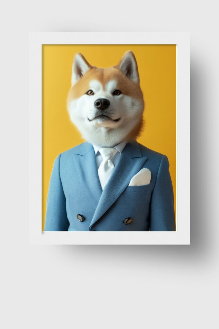 Poster mit Akita Hund im blauen Anzug vor gelbem Hintergrund in realistischer Darstellung