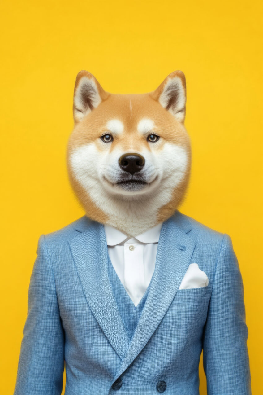 Poster mit Shiba Inu Hund im hellblauen Anzug vor gelbem Hintergrund als modernes, farbenfrohes Kunstdruck Motiv