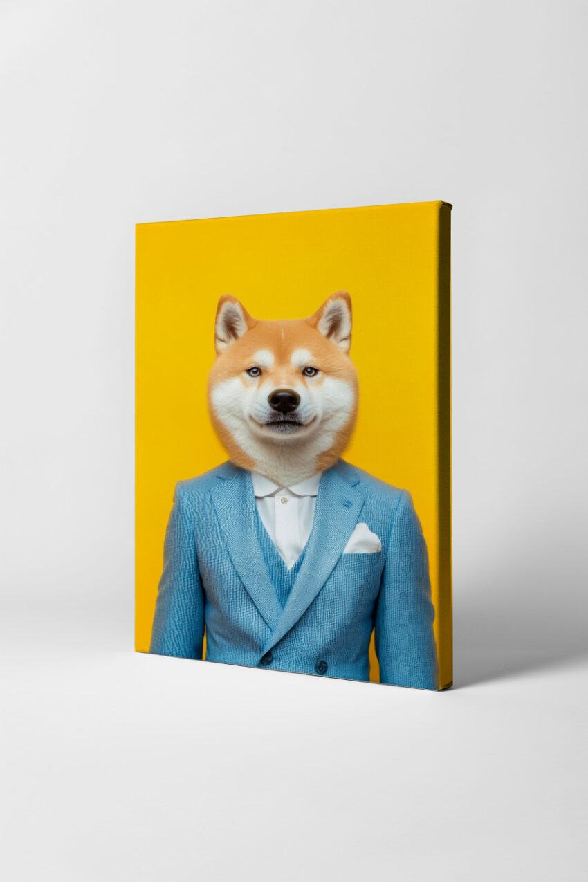 Poster mit Shiba Inu Hund im hellblauen Anzug vor gelbem Hintergrund als modernes, farbenfrohes Kunstdruck Motiv