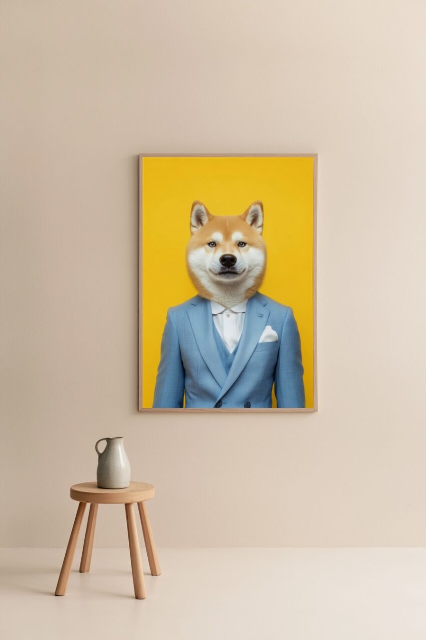 Poster mit Shiba Inu Hund im hellblauen Anzug vor gelbem Hintergrund als modernes, farbenfrohes Kunstdruck Motiv