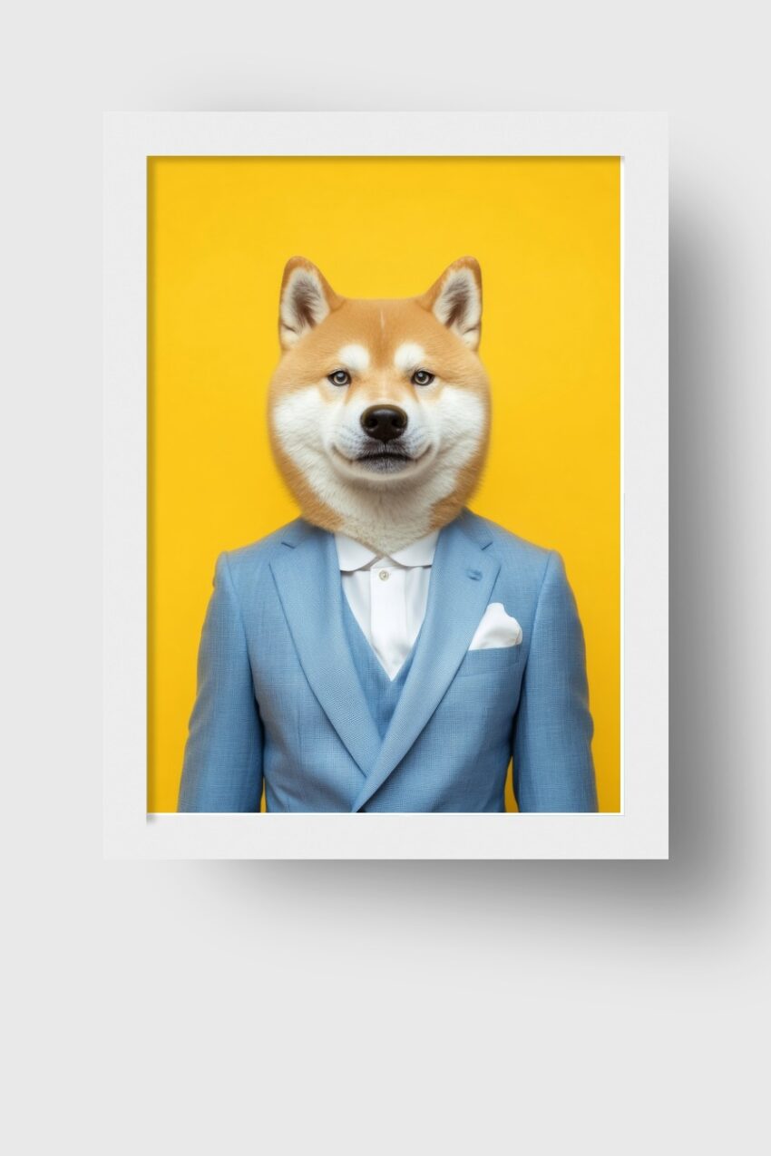 Poster mit Shiba Inu Hund im hellblauen Anzug vor gelbem Hintergrund als modernes, farbenfrohes Kunstdruck Motiv