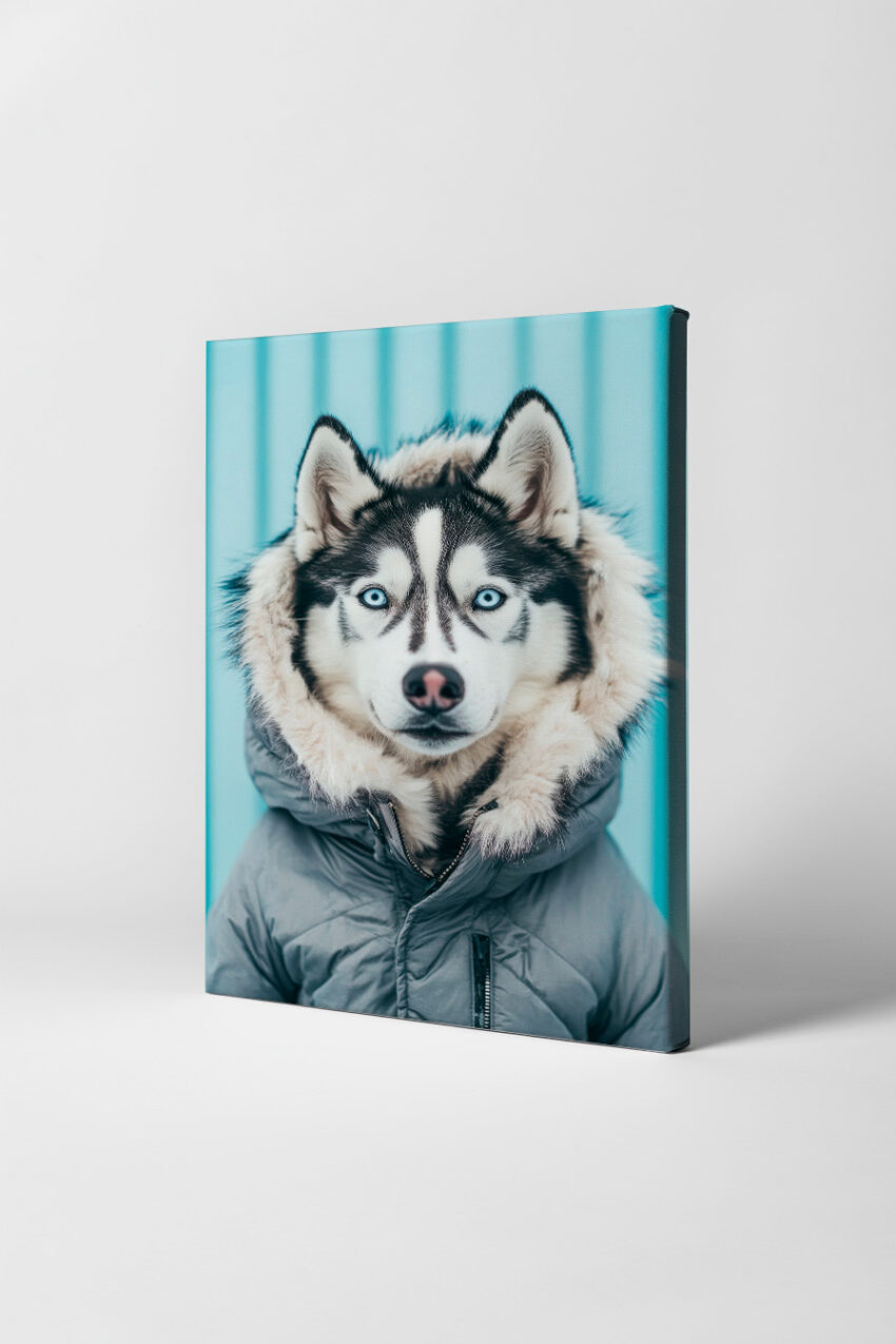 Kunstdruck eines Huskys mit Fellkapuze und blauem Mantel vor hellblauem Hintergrund in natürlicher Farbumsetzung