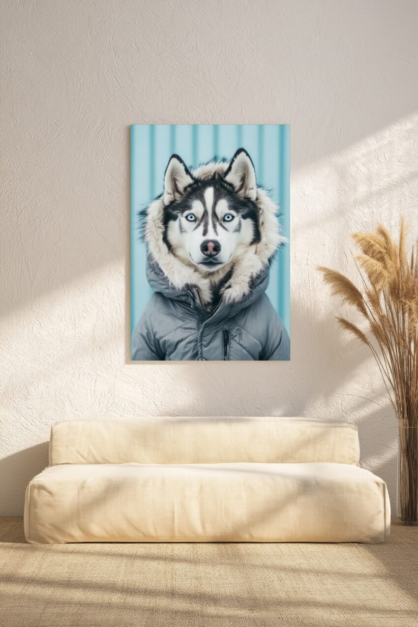 Kunstdruck eines Huskys mit Fellkapuze und blauem Mantel vor hellblauem Hintergrund in natürlicher Farbumsetzung