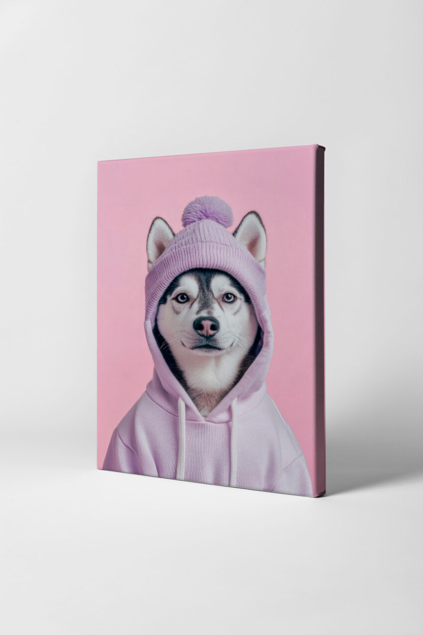 Poster eines Siberian Husky mit lila Mütze und Kapuzenpullover vor rosa Hintergrund, moderner Tierportrait Kunstdruck