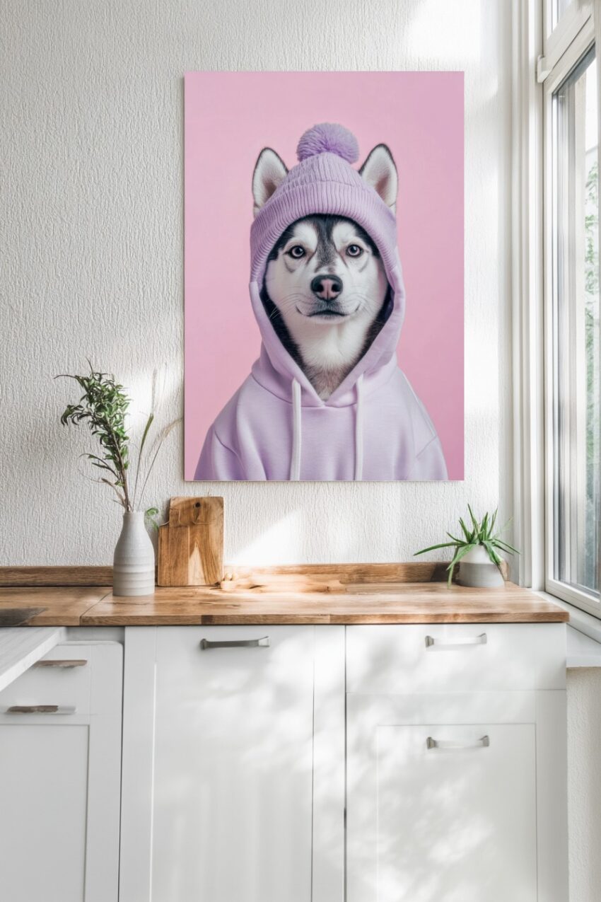 Poster eines Siberian Husky mit lila Mütze und Kapuzenpullover vor rosa Hintergrund, moderner Tierportrait Kunstdruck