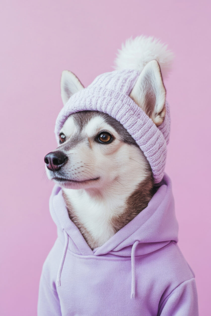 Poster mit Husky in lila Mütze und Hoodie vor rosa Hintergrund in Fotografie Stil