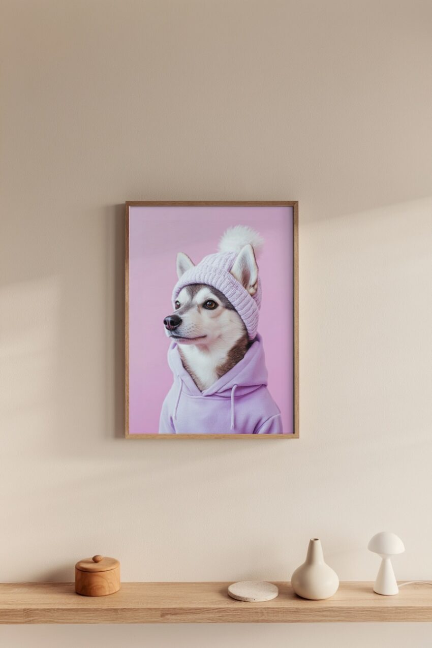 Poster mit Husky in lila Mütze und Hoodie vor rosa Hintergrund in Fotografie Stil