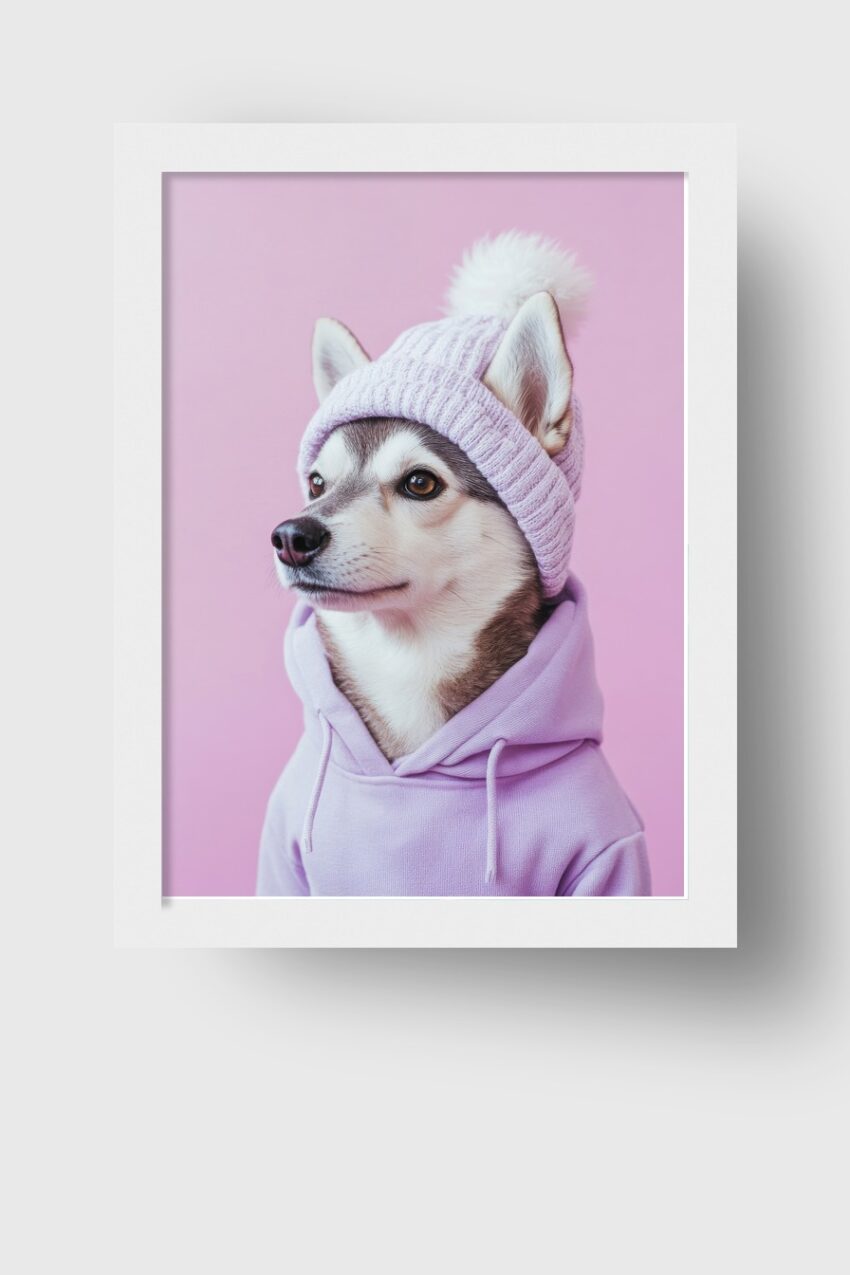 Poster mit Husky in lila Mütze und Hoodie vor rosa Hintergrund in Fotografie Stil