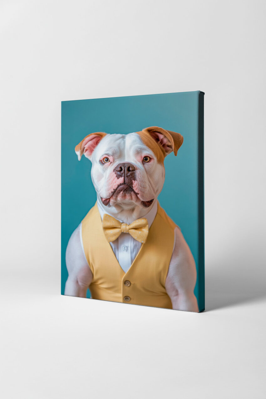 Kunstdruck eines Hundes in gelber Weste und Fliege vor blauem Hintergrund