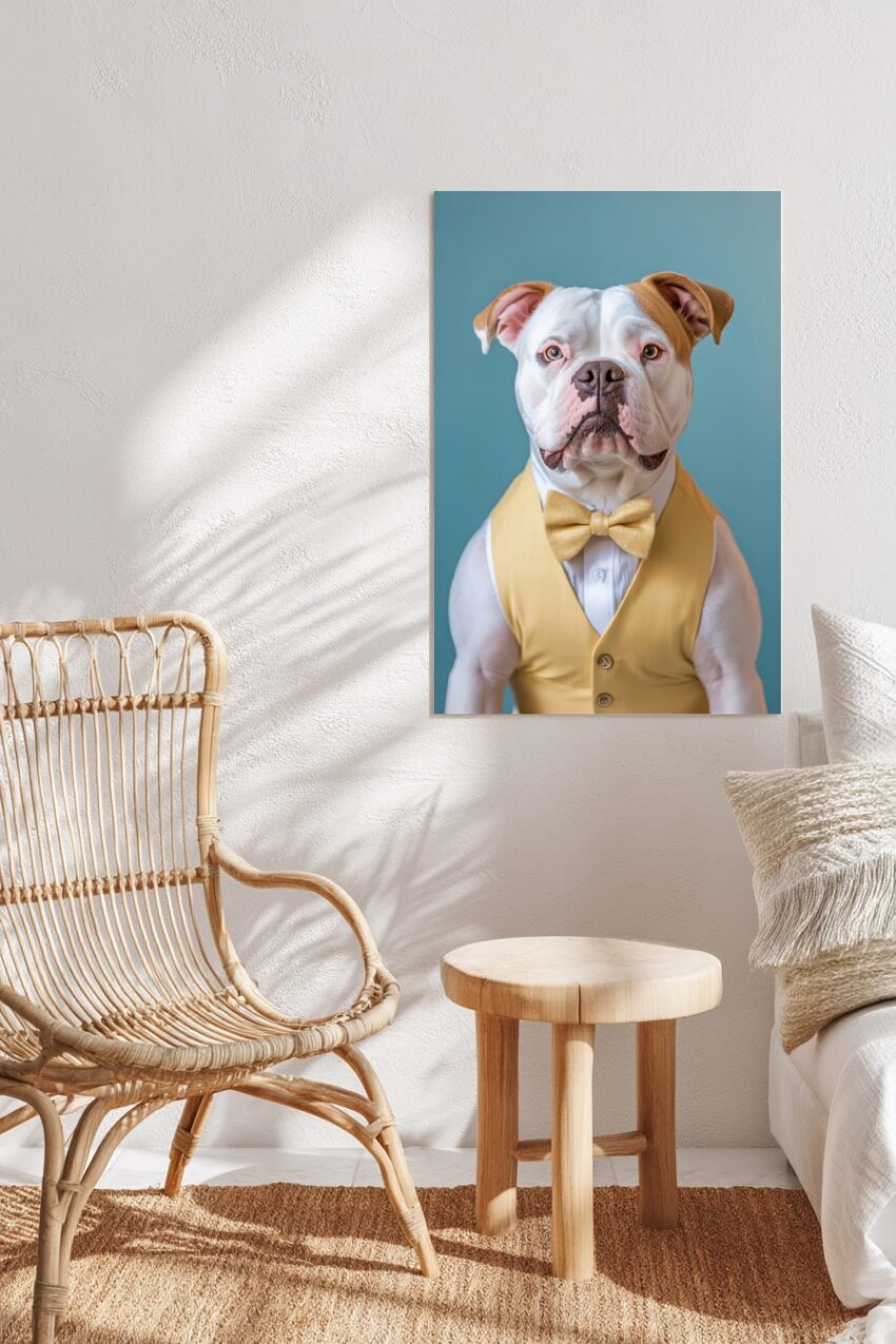 Kunstdruck eines Hundes in gelber Weste und Fliege vor blauem Hintergrund