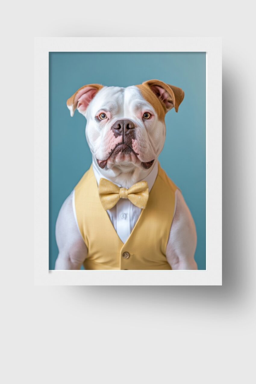 Kunstdruck eines Hundes in gelber Weste und Fliege vor blauem Hintergrund