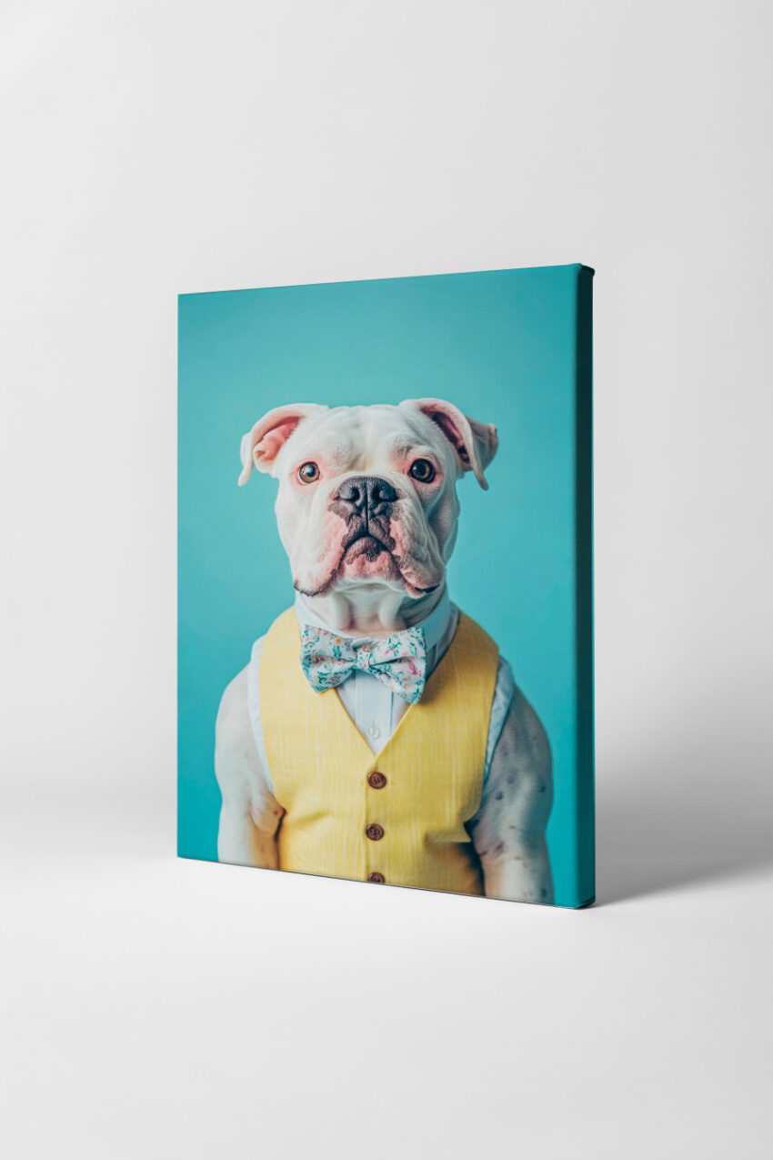 Poster eines weißen Hundes in gelber Weste mit Blumenfliege vor blauem Hintergrund als eleganter Kunstdruck