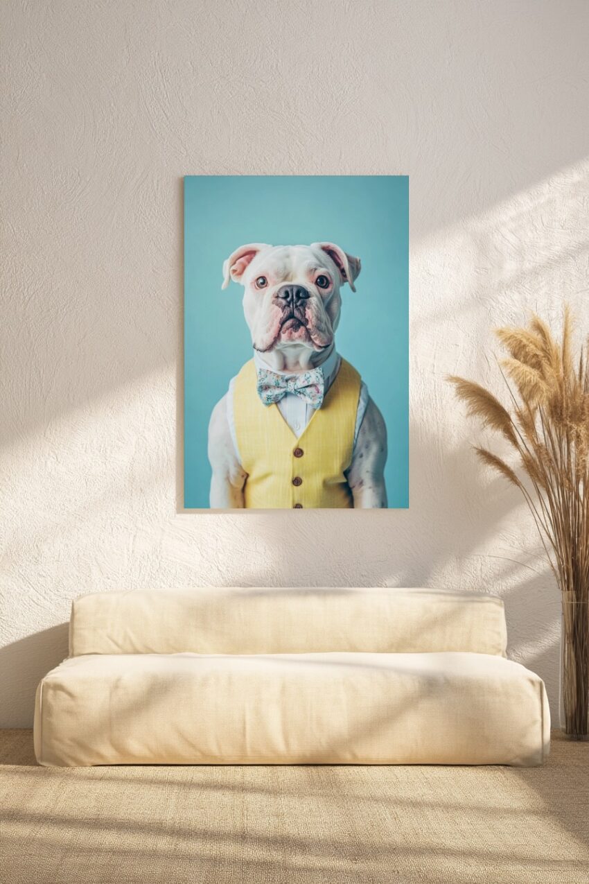 Poster eines weißen Hundes in gelber Weste mit Blumenfliege vor blauem Hintergrund als eleganter Kunstdruck