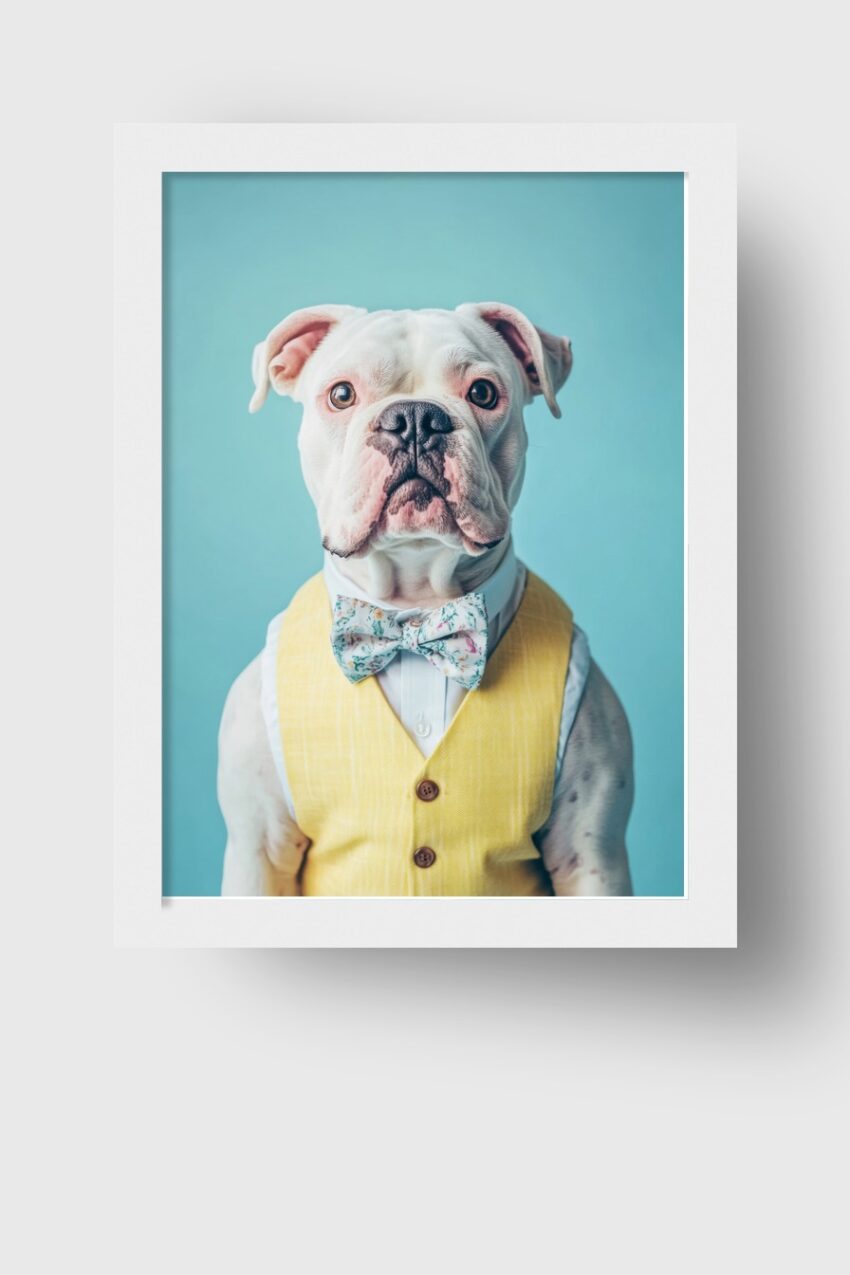 Poster eines weißen Hundes in gelber Weste mit Blumenfliege vor blauem Hintergrund als eleganter Kunstdruck