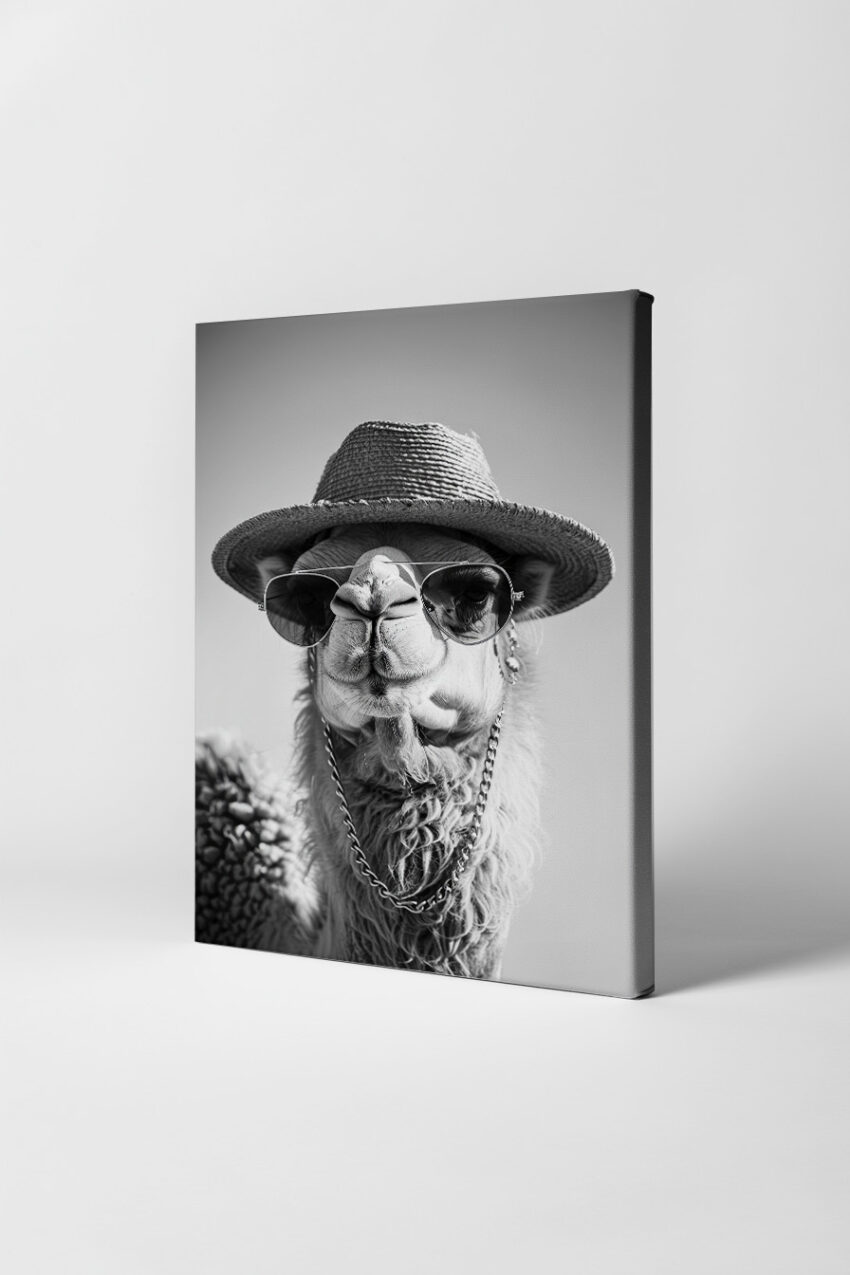 Schwarzweiß Poster mit Kamel in Sonnenbrille und Strohhut als humorvolles Tierportrait