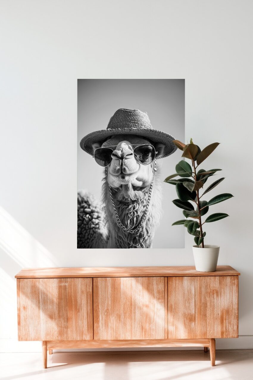 Schwarzweiß Poster mit Kamel in Sonnenbrille und Strohhut als humorvolles Tierportrait