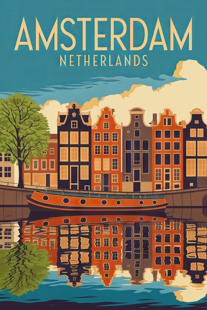 Poster mit historischen Amsterdamer Häusern, Boot und Spiegelung im Kanal in warmen Braun- und Orangetönen