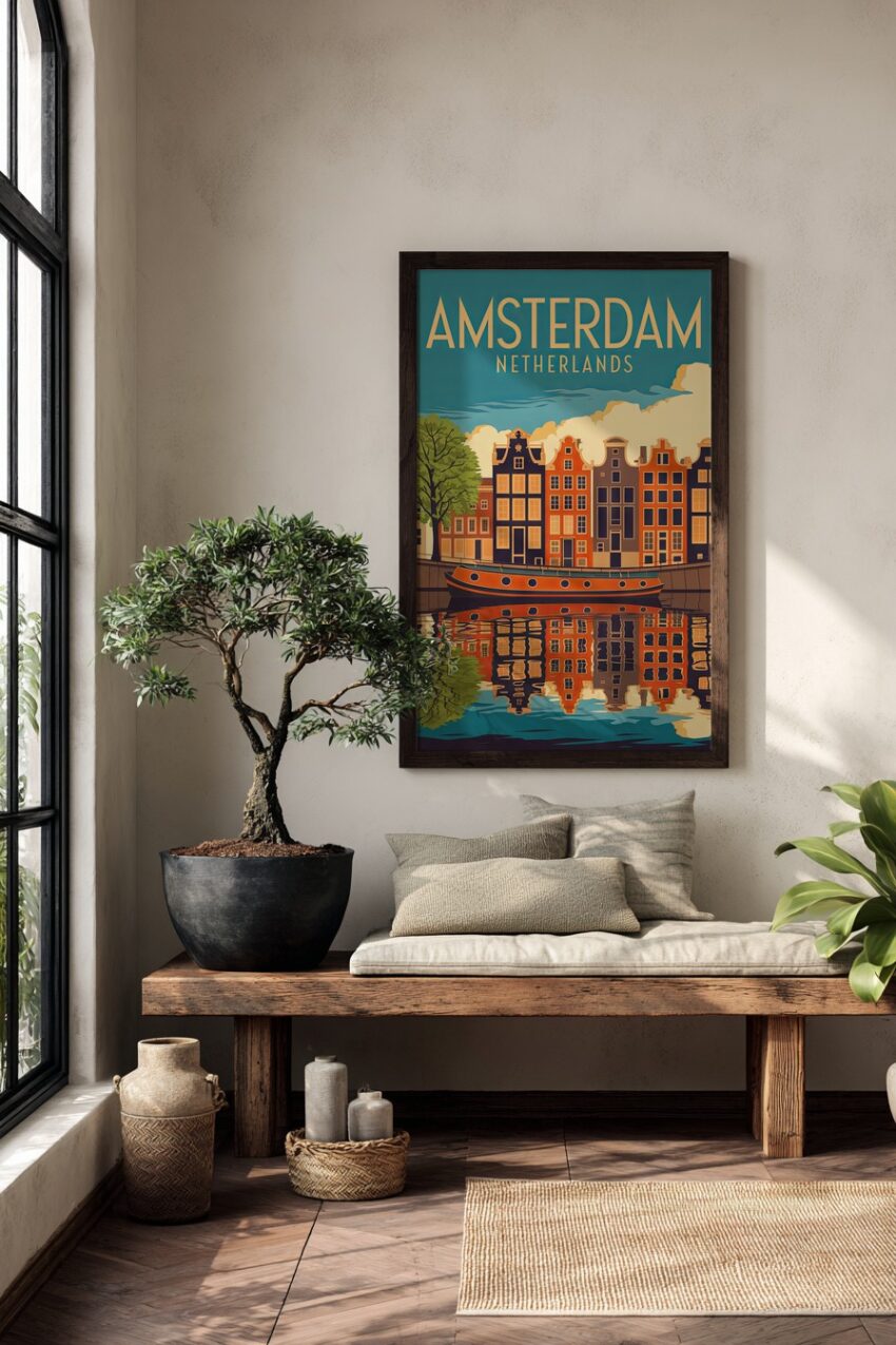 Poster mit historischen Amsterdamer Häusern, Boot und Spiegelung im Kanal in warmen Braun- und Orangetönen