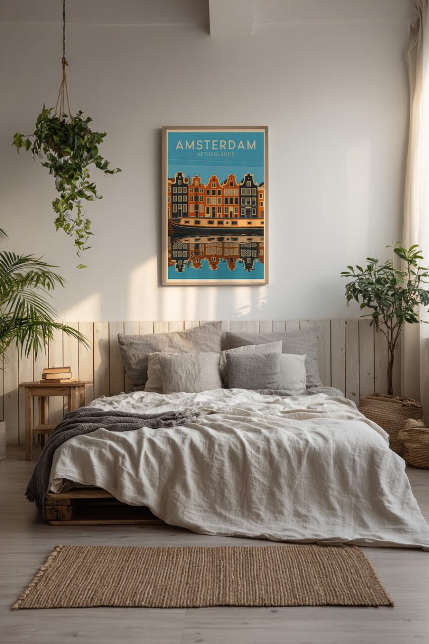 Poster mit stilisierten Amsterdamer Giebelhäusern, einem Hausboot und Wasserreflexionen in warmen Farben