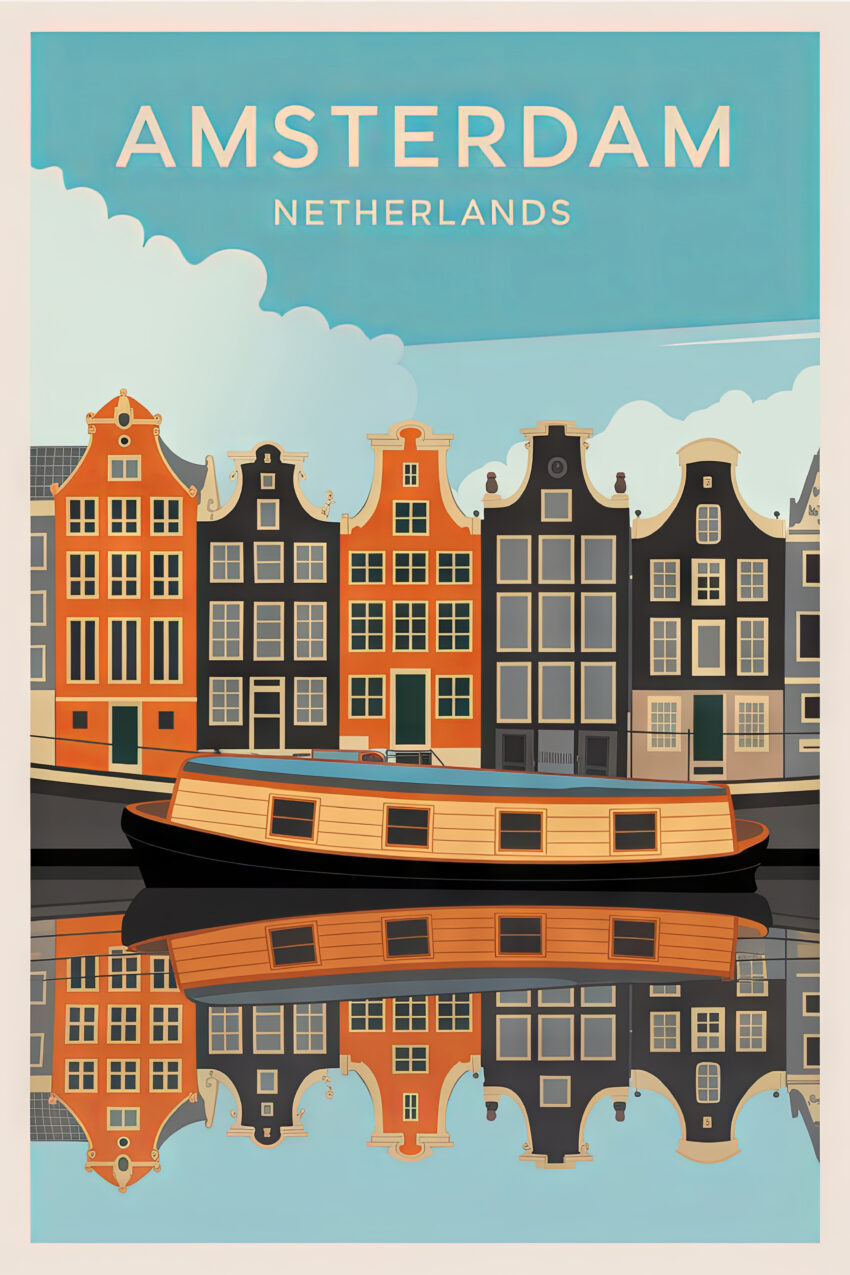 Poster mit Hausboot vor Giebelhäusern und Spiegelung im Amsterdamer Kanal in klaren Farben