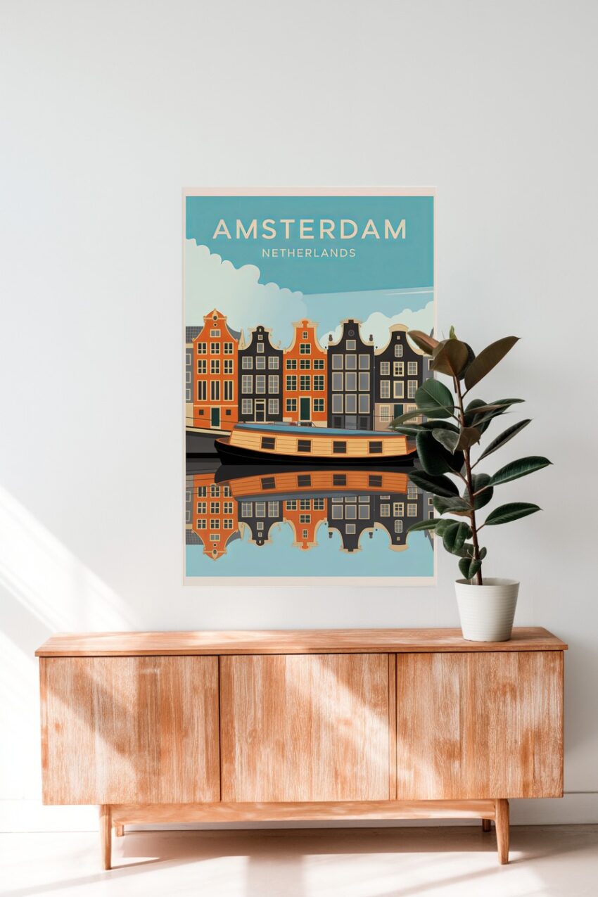 Poster mit Hausboot vor Giebelhäusern und Spiegelung im Amsterdamer Kanal in klaren Farben