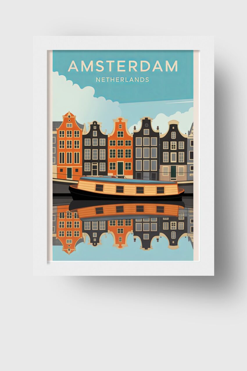 Poster mit Hausboot vor Giebelhäusern und Spiegelung im Amsterdamer Kanal in klaren Farben