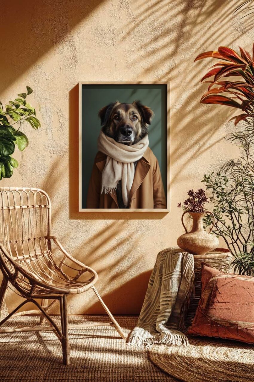 Poster mit Hund im Mantel und beigem Schal vor grünem Hintergrund in natürlicher Farbstimmung