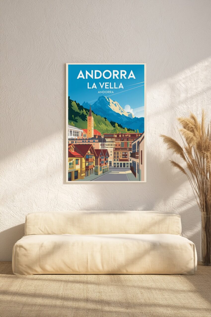 Poster La Vella Andorra mit Berglandschaft und Stadtkulisse in klaren Farben und moderner Illustration
