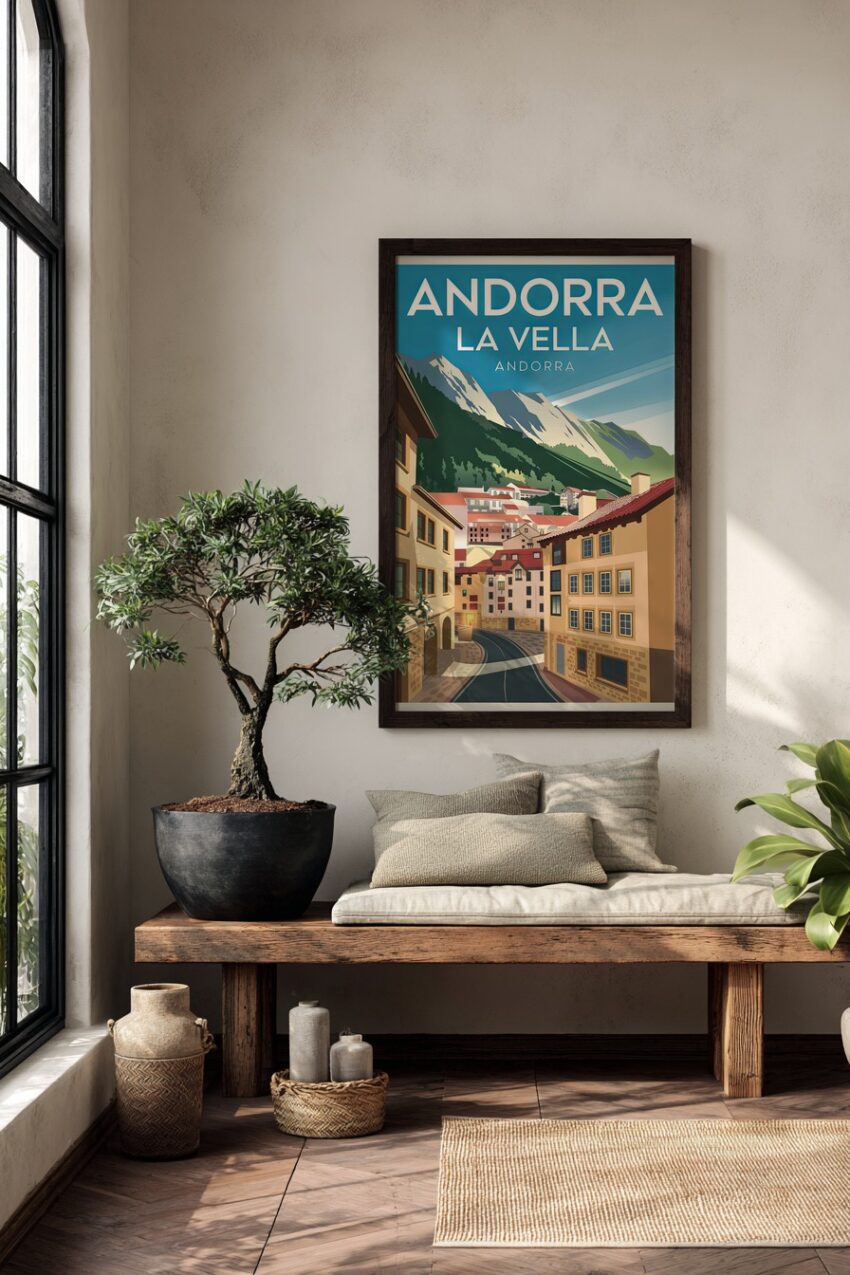 Kunstdruck von Andorra La Vella mit Bergen und Straße in klaren Farben
