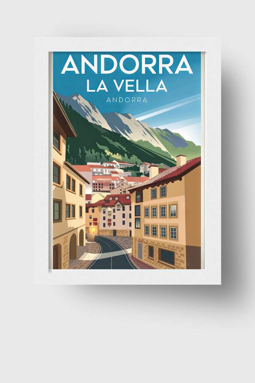 Kunstdruck von Andorra La Vella mit Bergen und Straße in klaren Farben