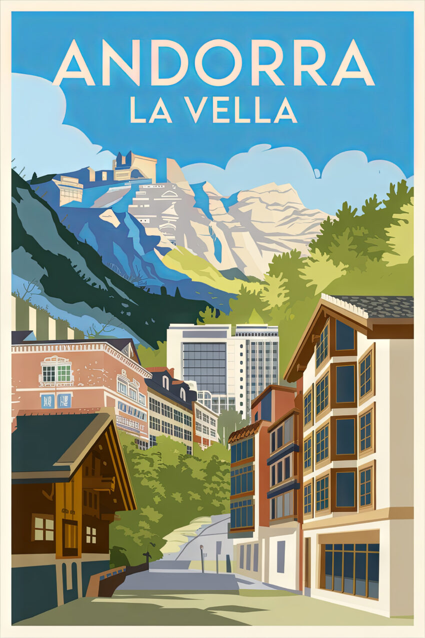 Poster mit Stadtansicht von Andorra La Vella und Bergen im klaren blauen Himmel in moderner Illustration