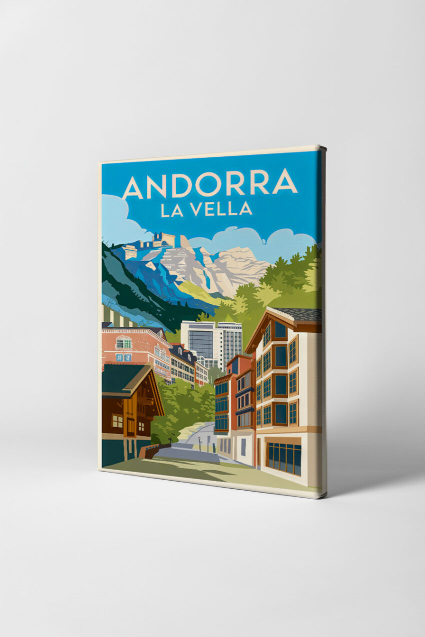 Poster mit Stadtansicht von Andorra La Vella und Bergen im klaren blauen Himmel in moderner Illustration