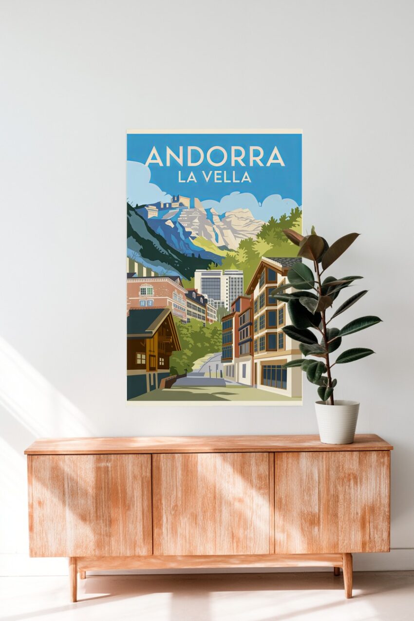 Poster mit Stadtansicht von Andorra La Vella und Bergen im klaren blauen Himmel in moderner Illustration