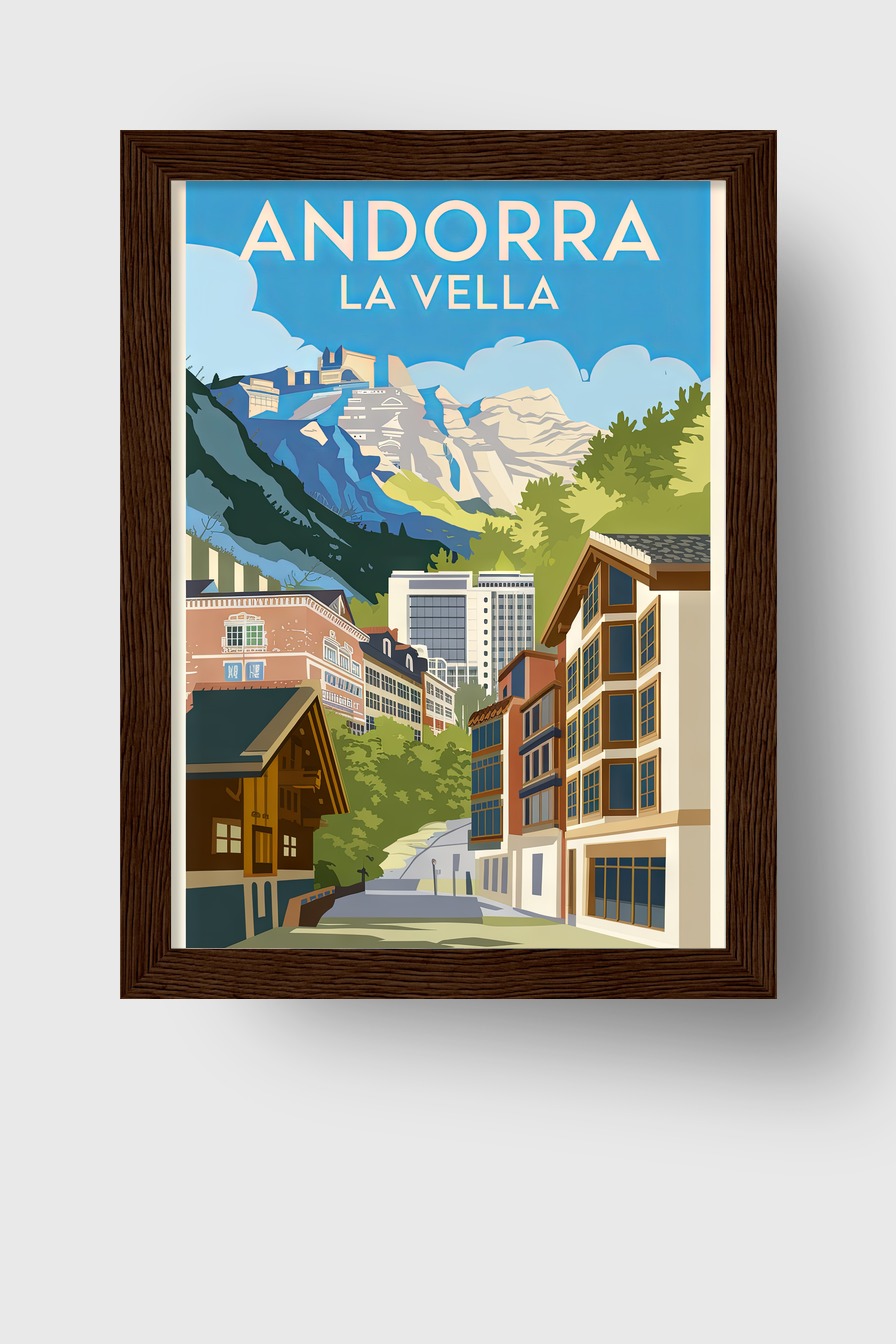 Poster mit Stadtansicht von Andorra La Vella und Bergen im klaren blauen Himmel in moderner Illustration