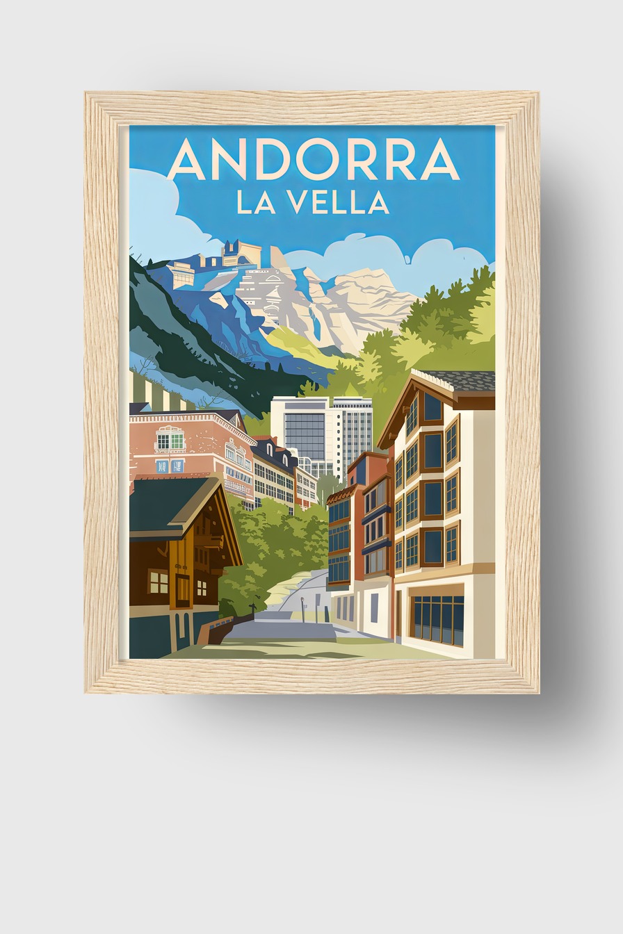 Poster mit Stadtansicht von Andorra La Vella und Bergen im klaren blauen Himmel in moderner Illustration