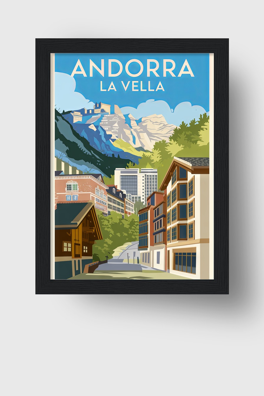 Poster mit Stadtansicht von Andorra La Vella und Bergen im klaren blauen Himmel in moderner Illustration