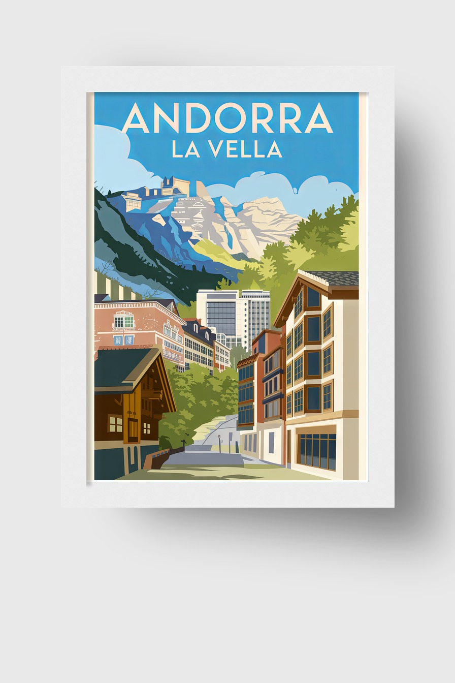 Poster mit Stadtansicht von Andorra La Vella und Bergen im klaren blauen Himmel in moderner Illustration