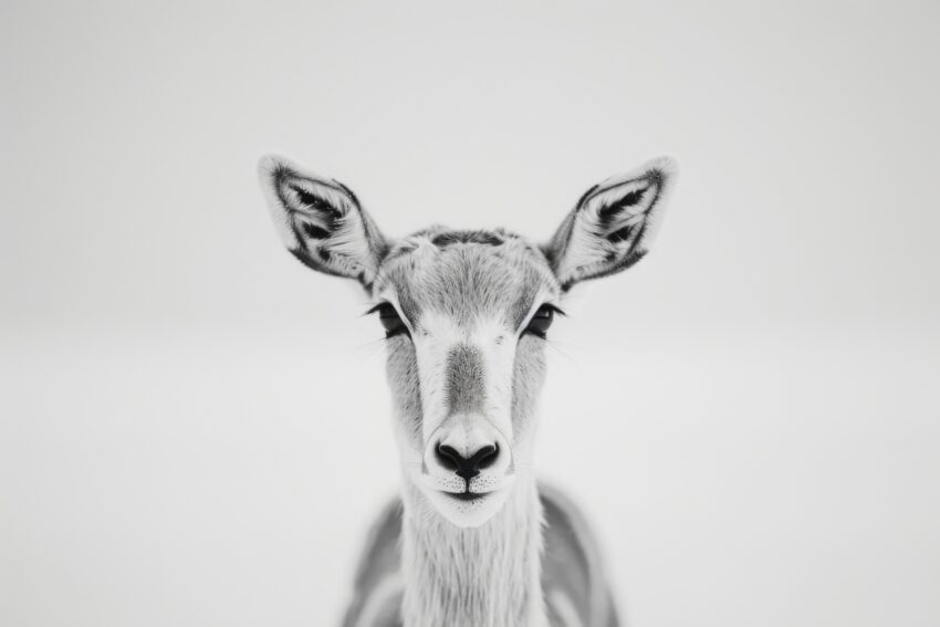 Schwarzweiß Poster mit einer stilvollen Antilope frontal vor weißem Hintergrund als minimalistisches Tierportrait