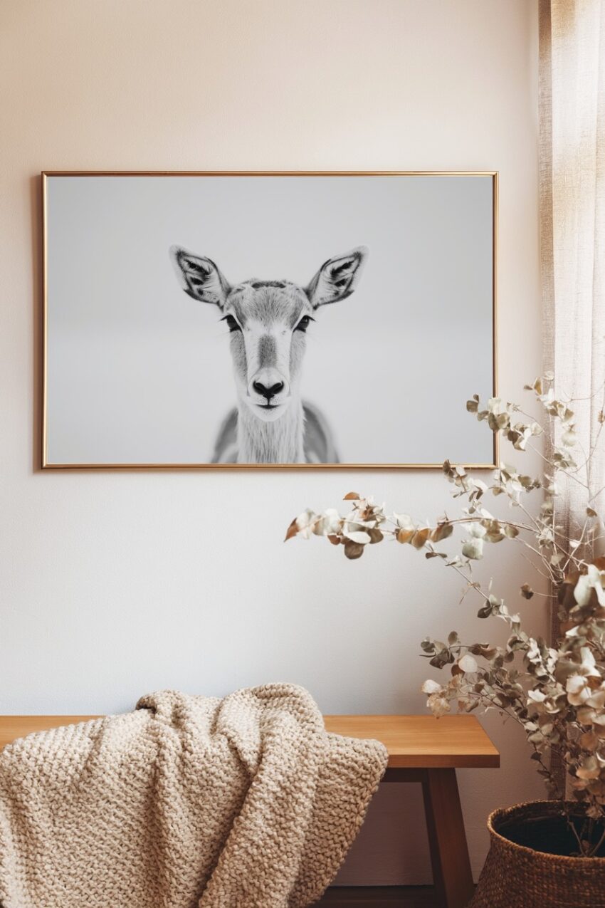 Schwarz-weißes Reh Porträt mit klarem Blick vor hellem Hintergrund als Poster oder Kunstdruck